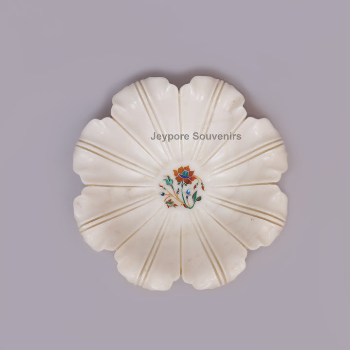 White Marble Pietra Dura Lotus Shape Urli Bowl with Inlay Work