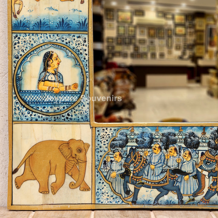 Handcrafted Blue Rajasthani Camel Bone Inlay Haveli Wall Mirror with Lady Miniature Art