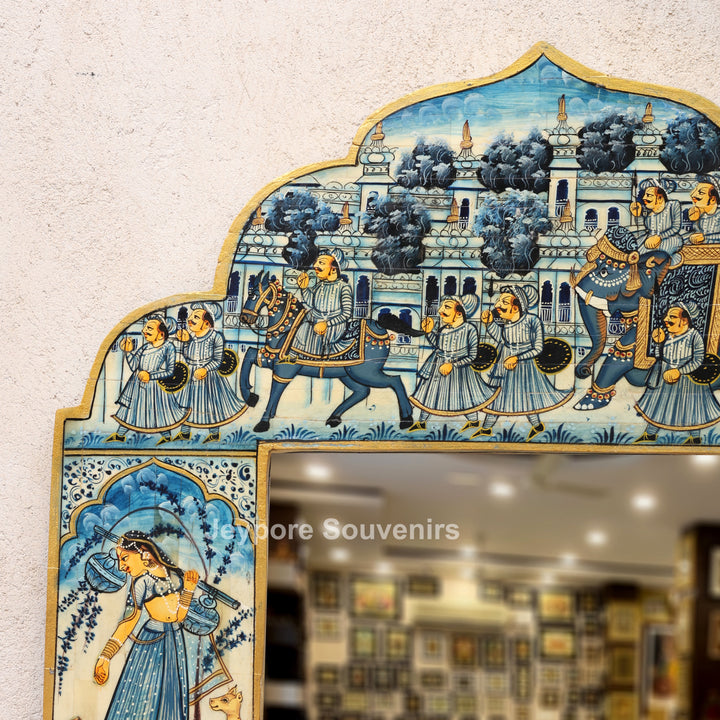 Handcrafted Blue Rajasthani Camel Bone Inlay Haveli Wall Mirror with Lady Miniature Art