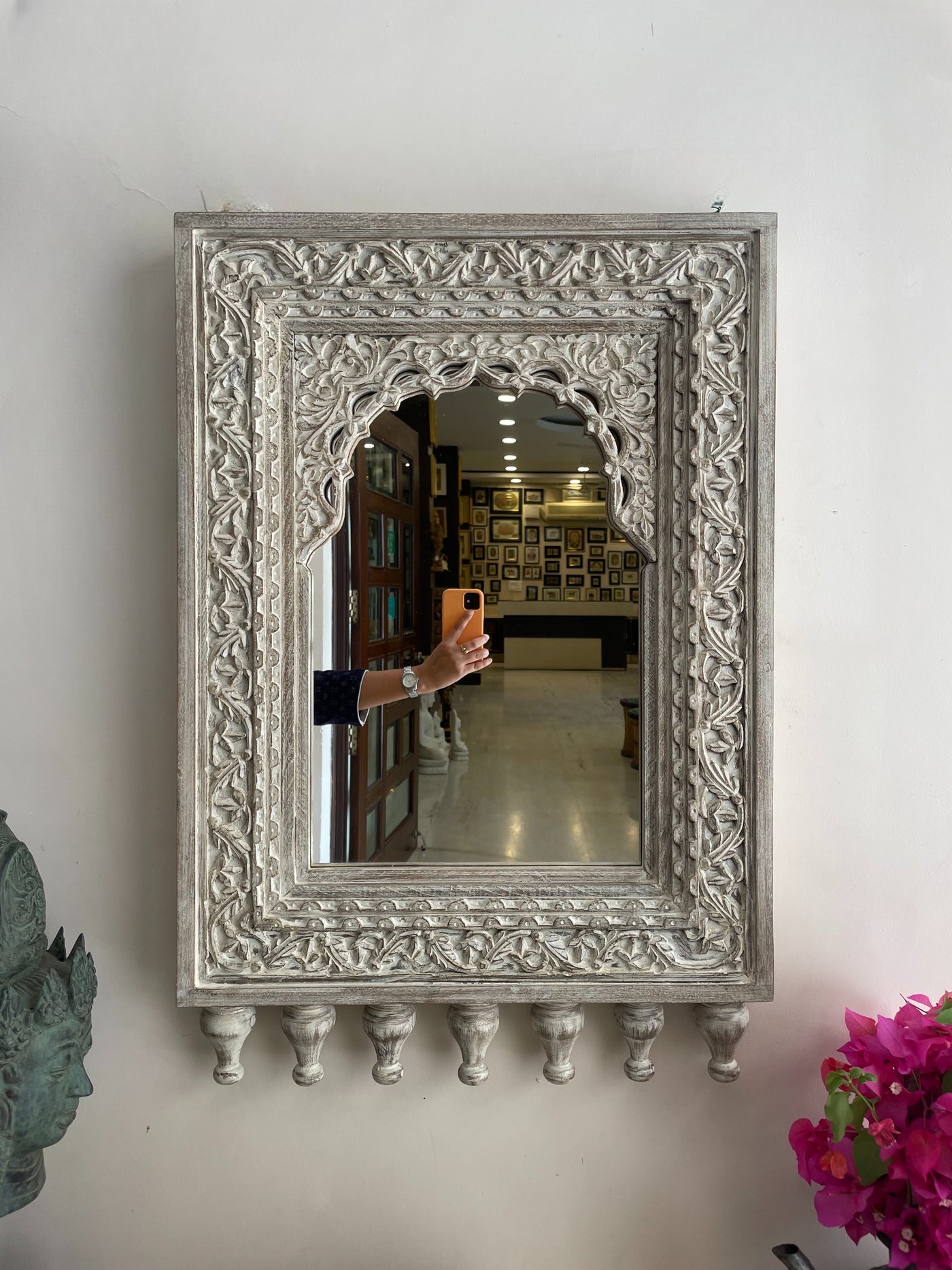 Hand carved jharokha mirror frame in distressed finish