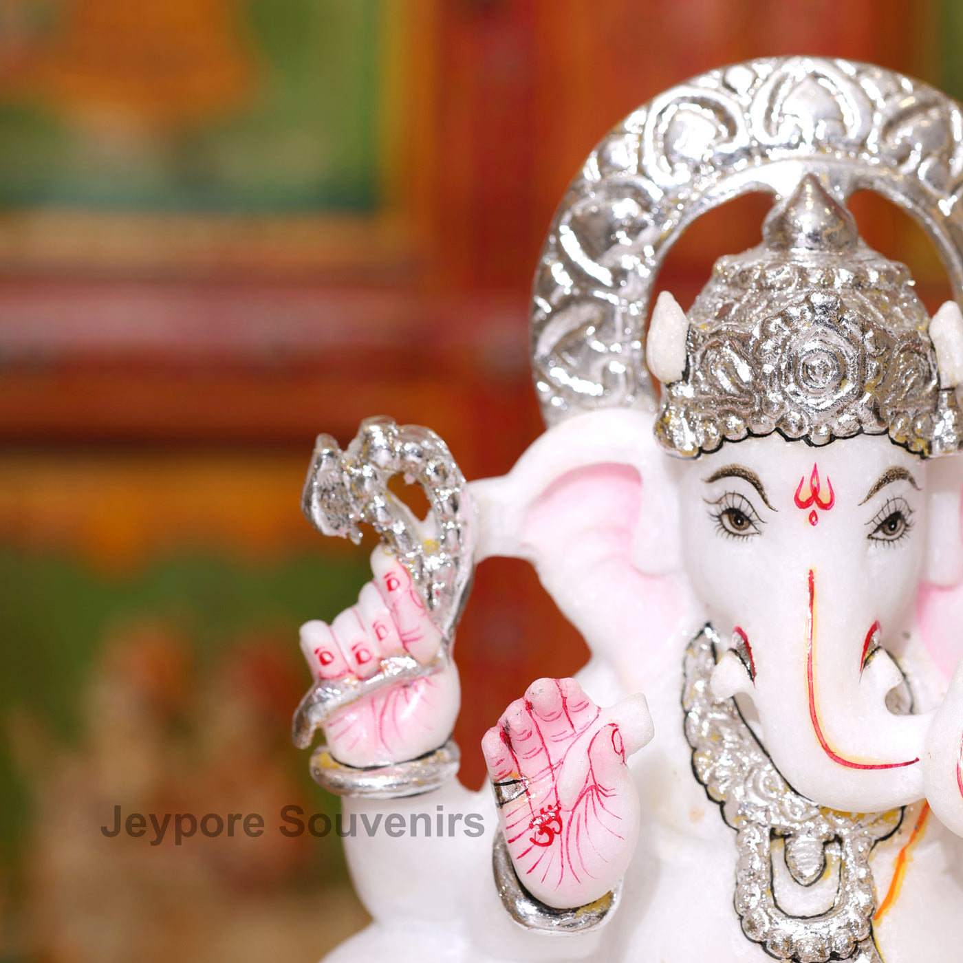 10" Pure White Marble Ganesha Idol with Silver Wok