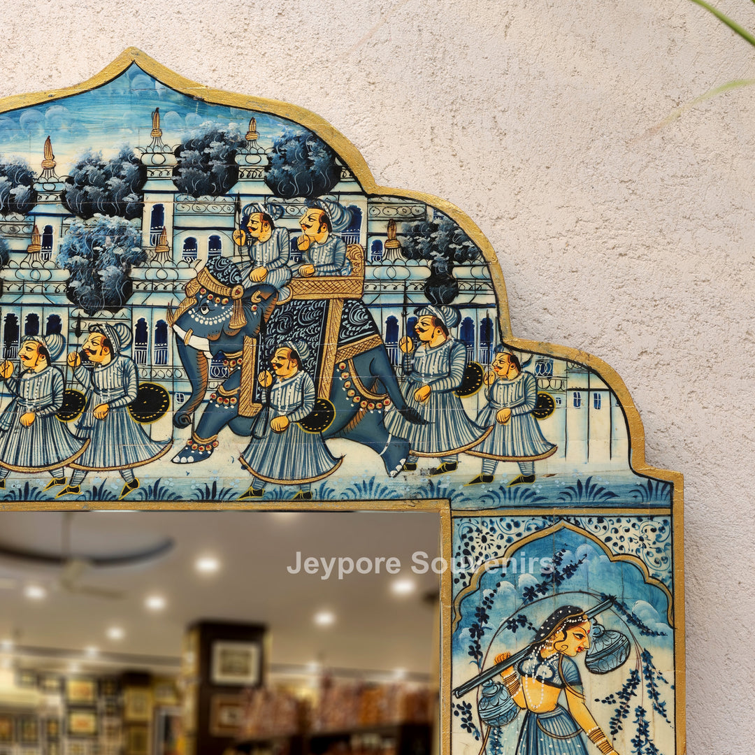Handcrafted Blue Rajasthani Camel Bone Inlay Haveli Wall Mirror with Lady Miniature Art