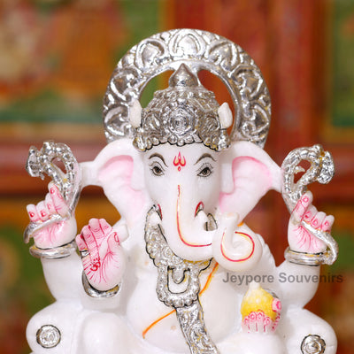 10" Pure White Marble Ganesha Idol with Silver Wok