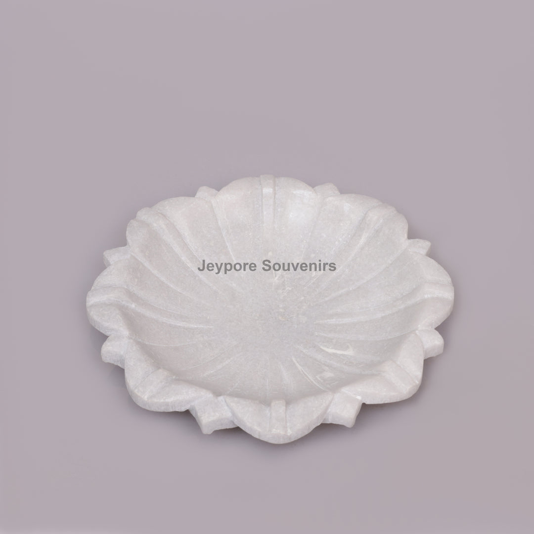 Handcrafted White Marble Lotus Urli Bowl with Carved Petals