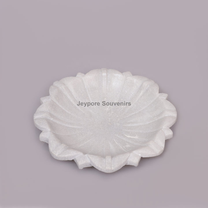 Handcrafted White Marble Lotus Urli Bowl with Carved Petals