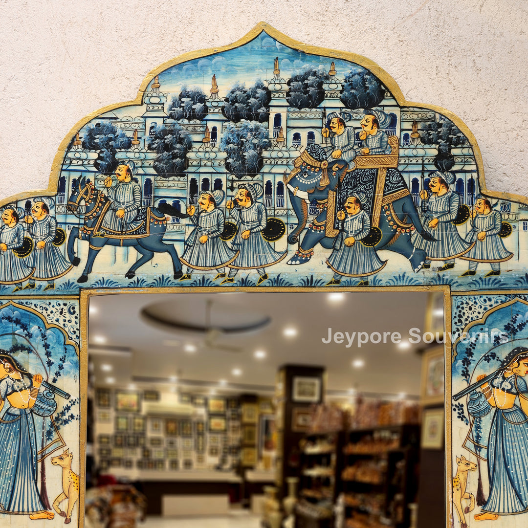 Handcrafted Blue Rajasthani Camel Bone Inlay Haveli Wall Mirror with Lady Miniature Art