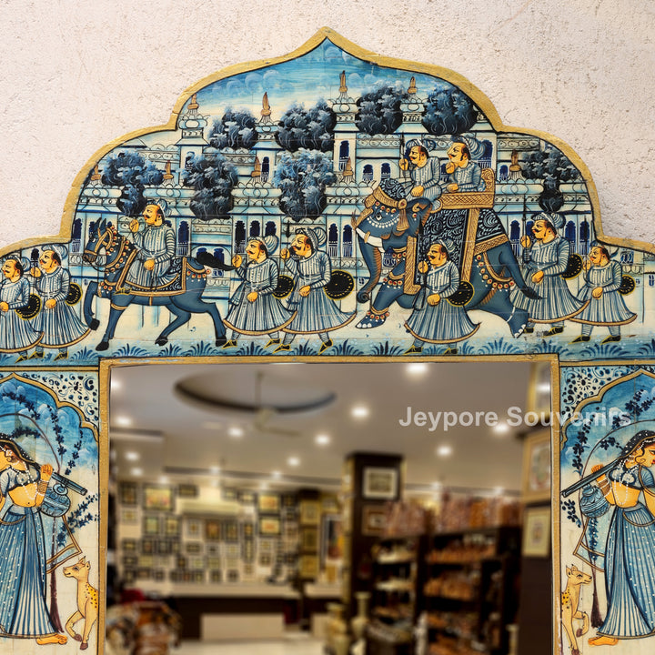 Handcrafted Blue Rajasthani Camel Bone Inlay Haveli Wall Mirror with Lady Miniature Art