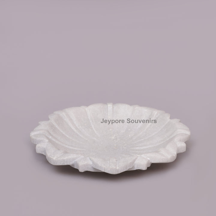 Handcrafted White Marble Lotus Urli Bowl with Carved Petals