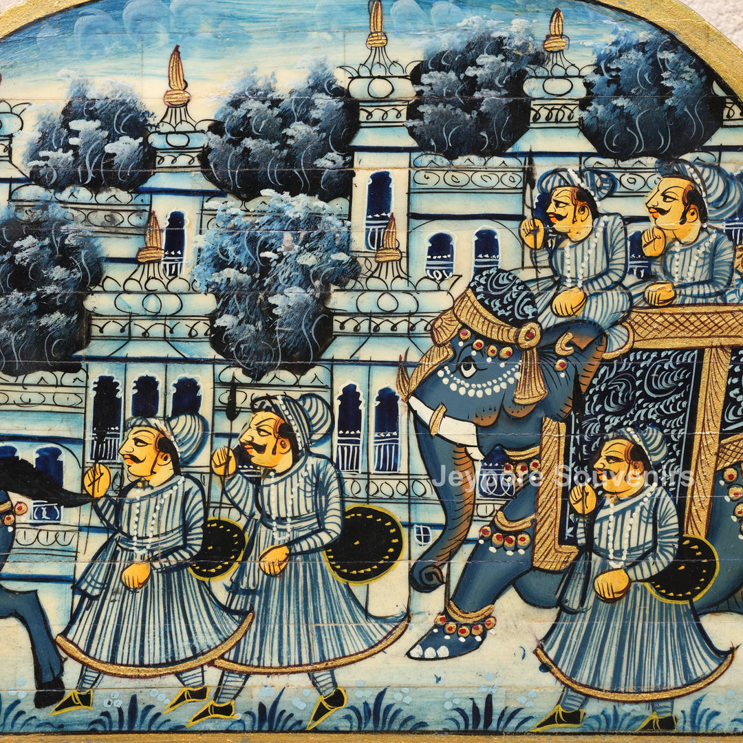 Handcrafted Blue Rajasthani Camel Bone Inlay Haveli Wall Mirror with Lady Miniature Art