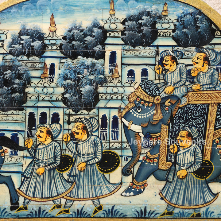 Handcrafted Blue Rajasthani Camel Bone Inlay Haveli Wall Mirror with Lady Miniature Art