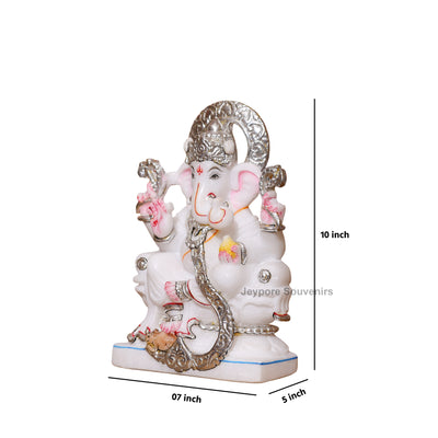 10" Pure White Marble Ganesha Idol with Silver Wok