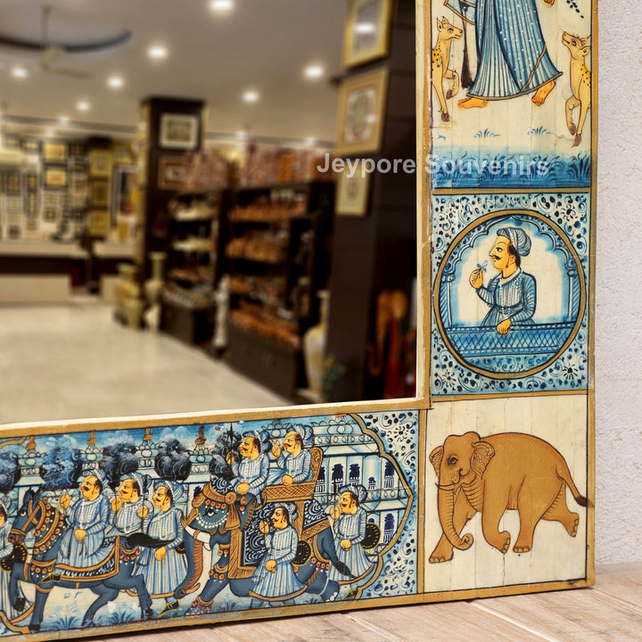 Handcrafted Blue Rajasthani Camel Bone Inlay Haveli Wall Mirror with Lady Miniature Art