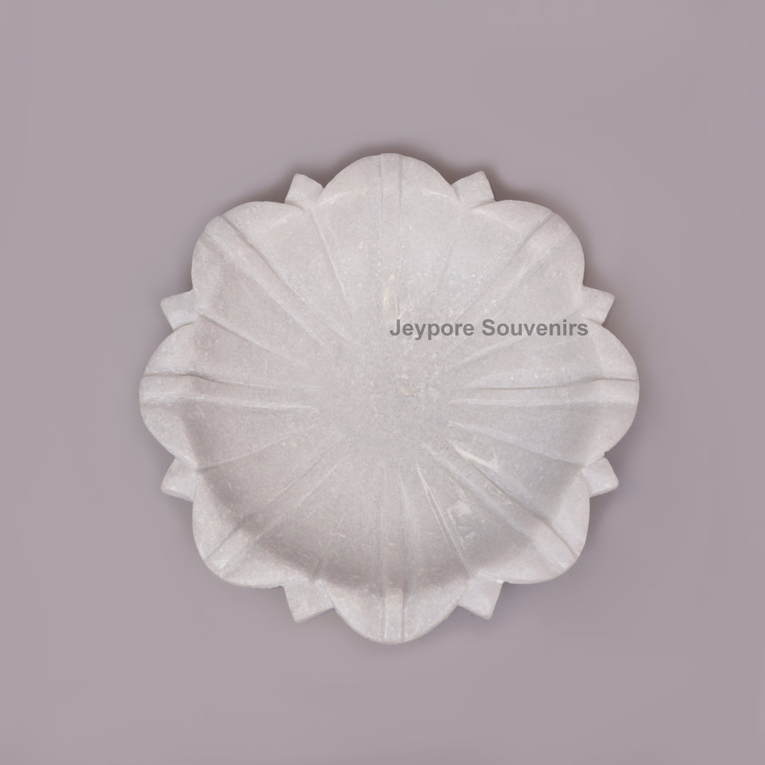 Handcrafted White Marble Lotus Urli Bowl with Carved Petals
