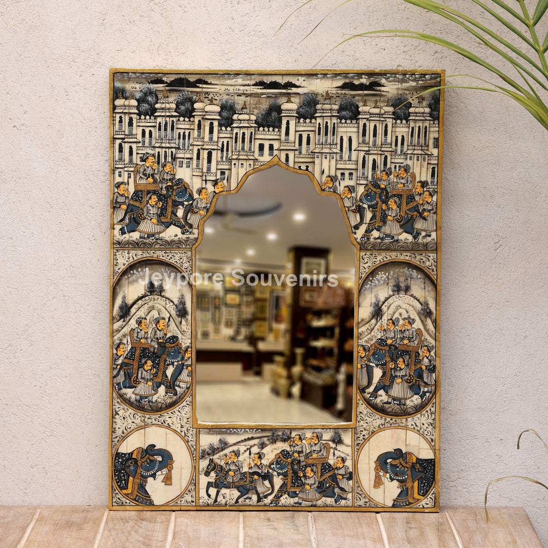 Rajasthani Camel Bone Inlay Haveli Wall Mirror with Royal Procession Miniature Art
