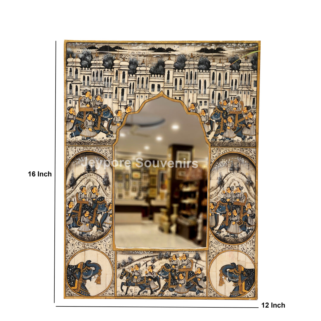 Rajasthani Camel Bone Inlay Haveli Wall Mirror with Royal Procession Miniature Art