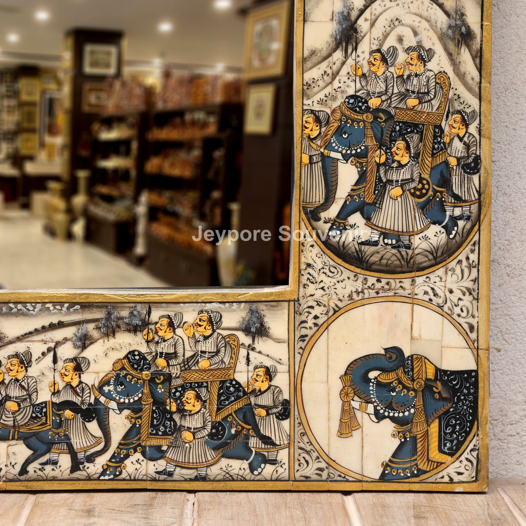 Rajasthani Camel Bone Inlay Haveli Wall Mirror with Royal Procession Miniature Art