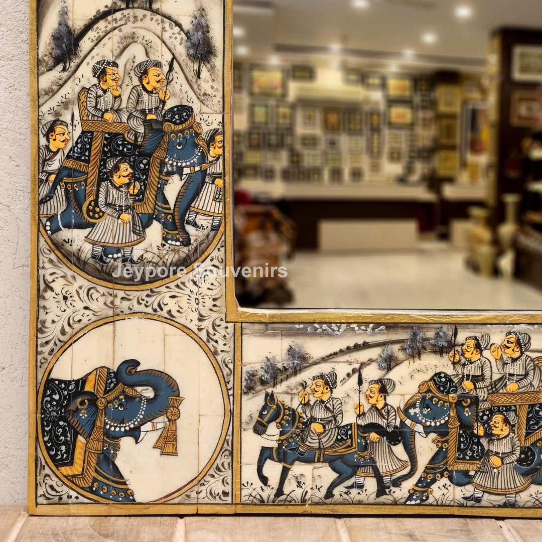 Rajasthani Camel Bone Inlay Haveli Wall Mirror with Royal Procession Miniature Art