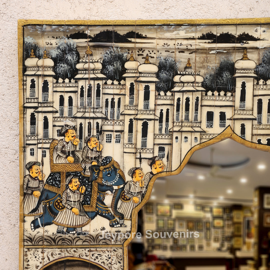 Rajasthani Camel Bone Inlay Haveli Wall Mirror with Royal Procession Miniature Art