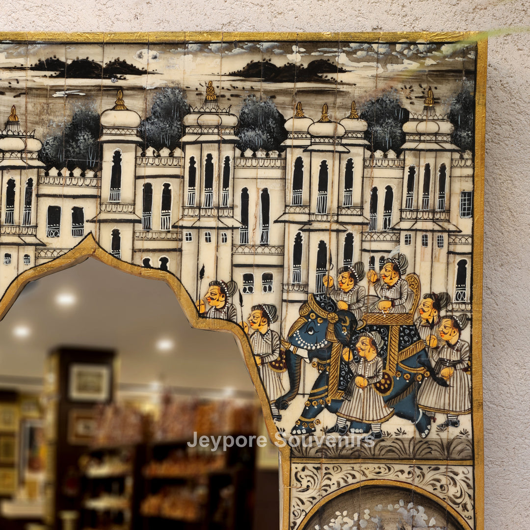 Rajasthani Camel Bone Inlay Haveli Wall Mirror with Royal Procession Miniature Art