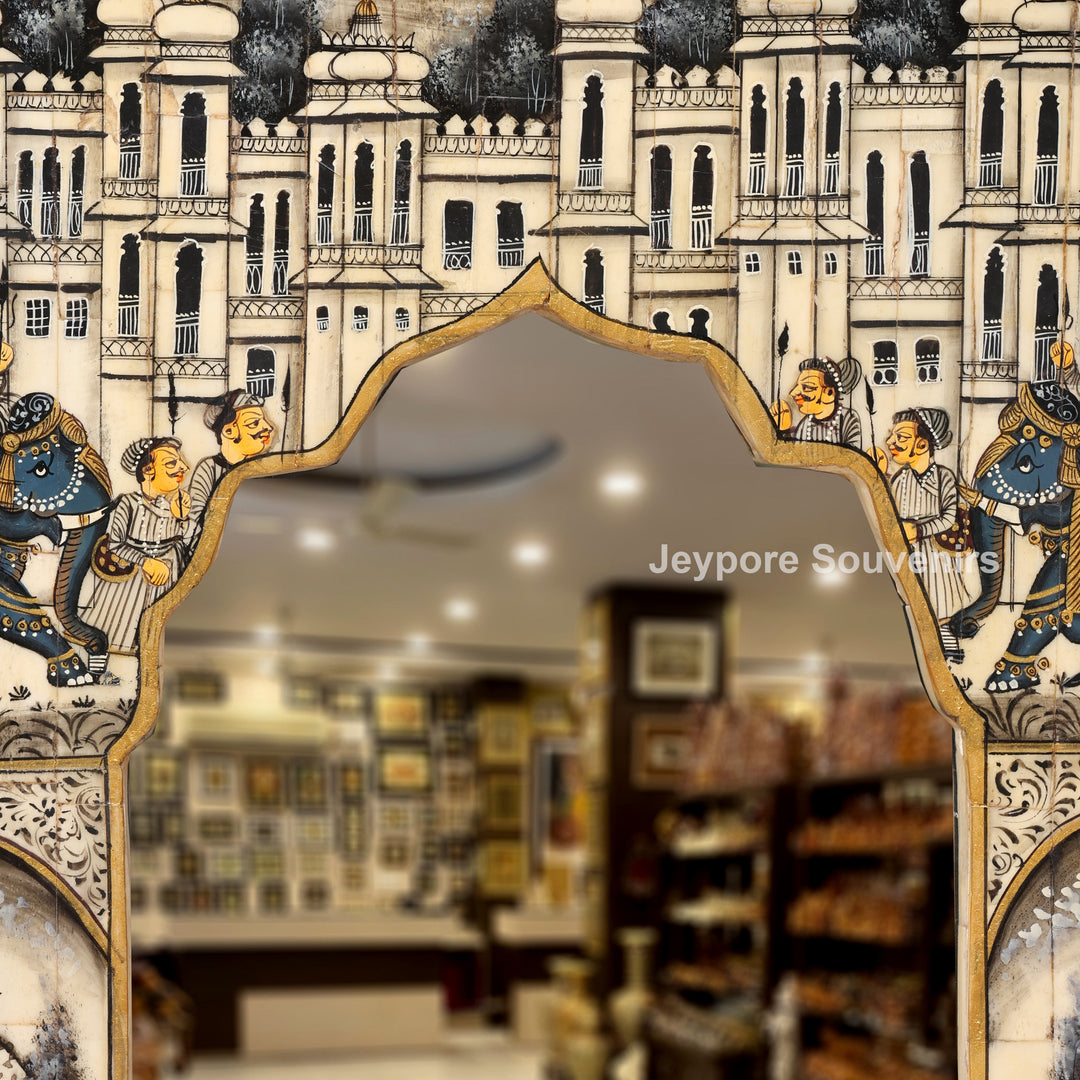 Rajasthani Camel Bone Inlay Haveli Wall Mirror with Royal Procession Miniature Art