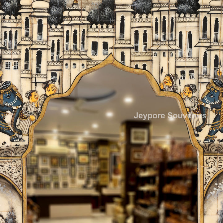 Rajasthani Camel Bone Inlay Haveli Wall Mirror with Royal Procession Miniature Art
