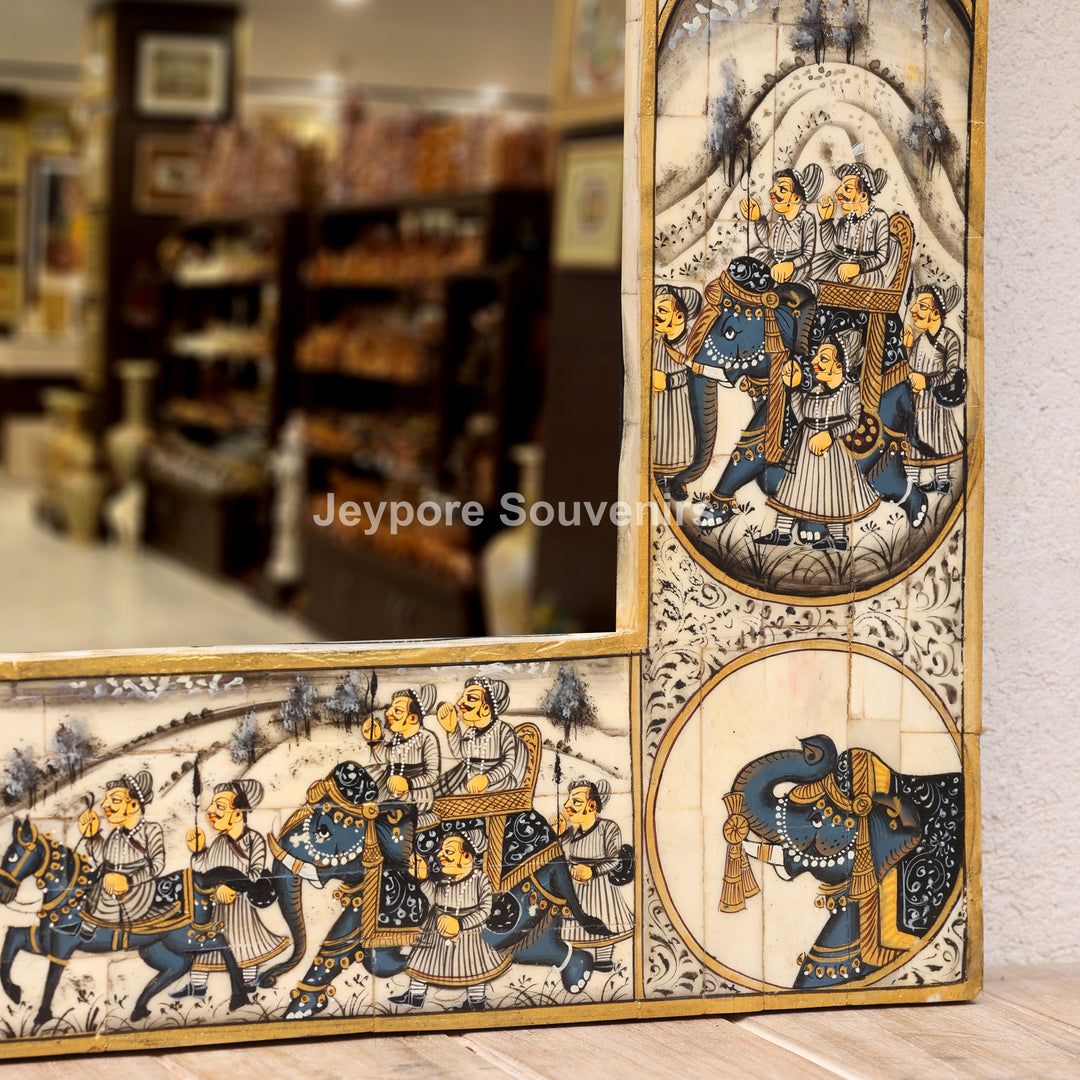 Rajasthani Camel Bone Inlay Haveli Wall Mirror with Royal Procession Miniature Art