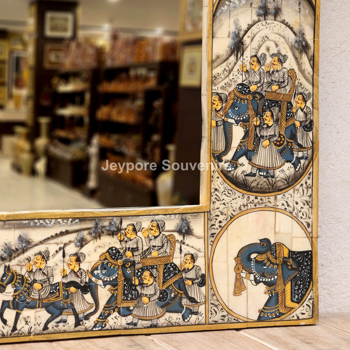 Rajasthani Camel Bone Inlay Haveli Wall Mirror with Royal Procession Miniature Art