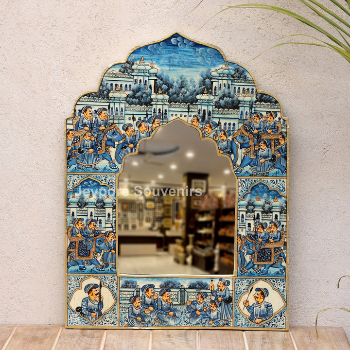 Blue Haveli Style Camel Bone Inlay Wall Mirror with Royal Procession Miniature Painting