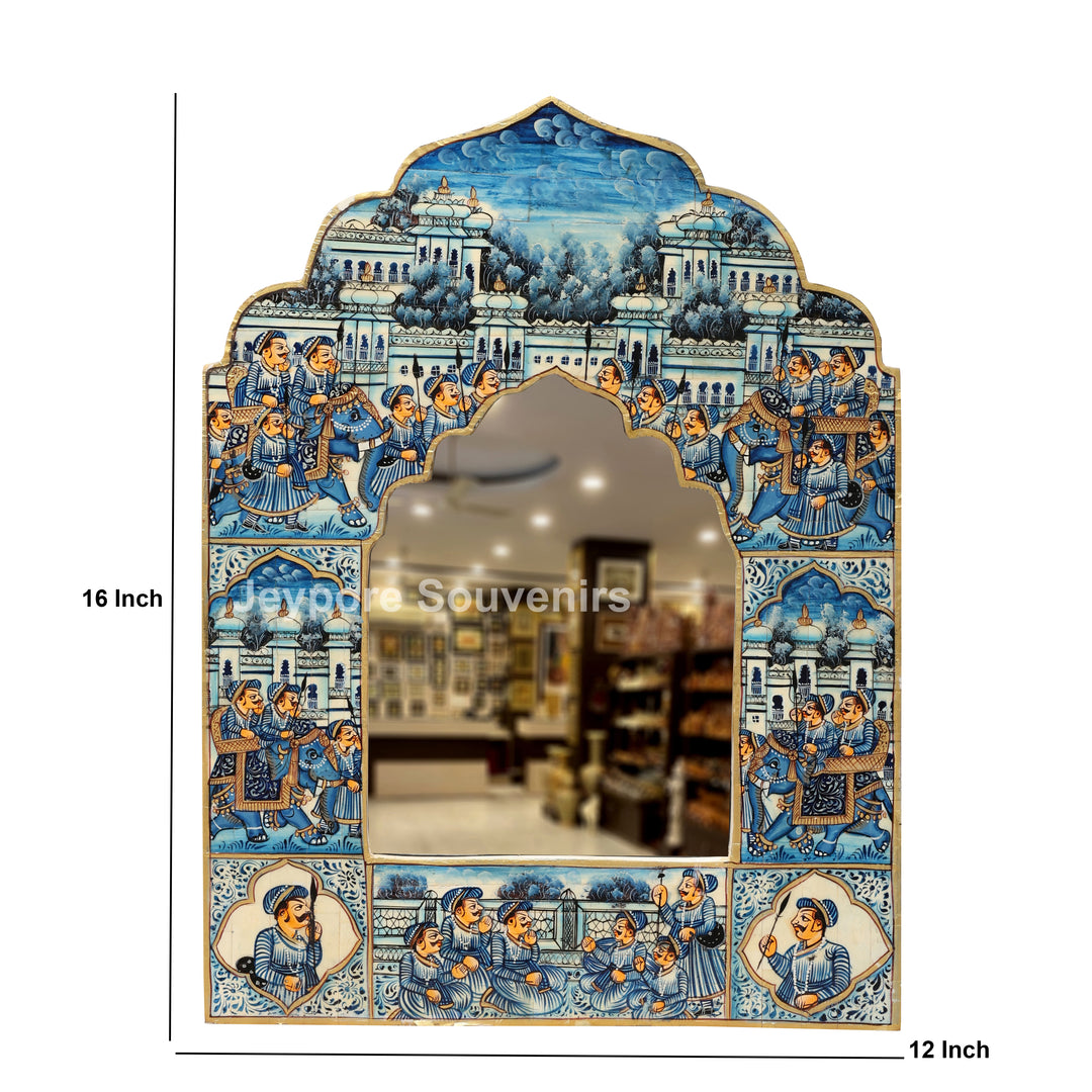 Blue Haveli Style Camel Bone Inlay Wall Mirror with Royal Procession Miniature Painting