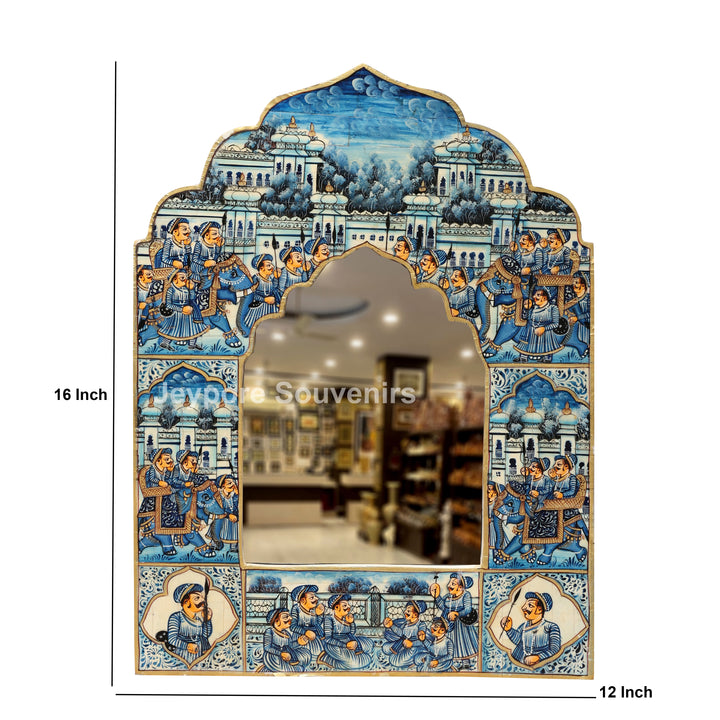 Blue Haveli Style Camel Bone Inlay Wall Mirror with Royal Procession Miniature Painting