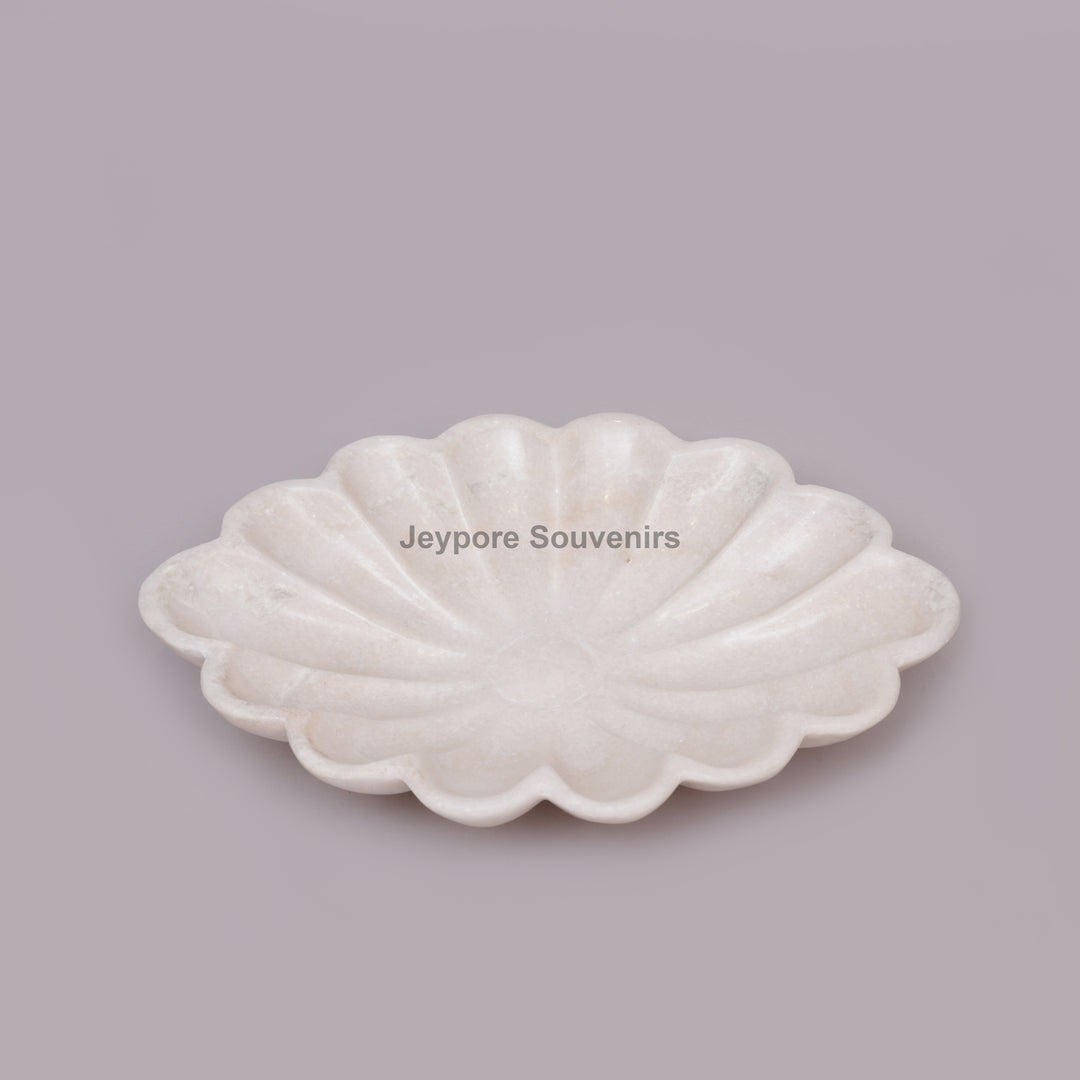 Hand-Carved White Marble Scalloped Flower Bowl