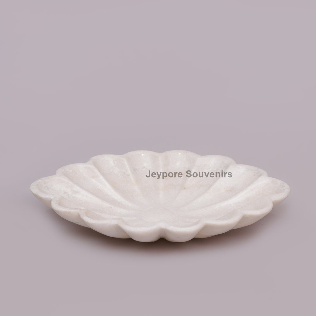 Hand-Carved White Marble Scalloped Flower Bowl