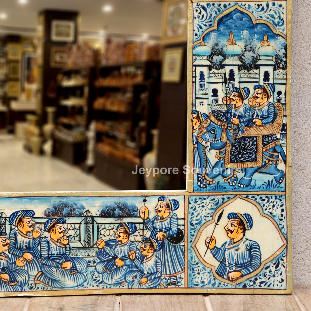 Blue Haveli Style Camel Bone Inlay Wall Mirror with Royal Procession Miniature Painting