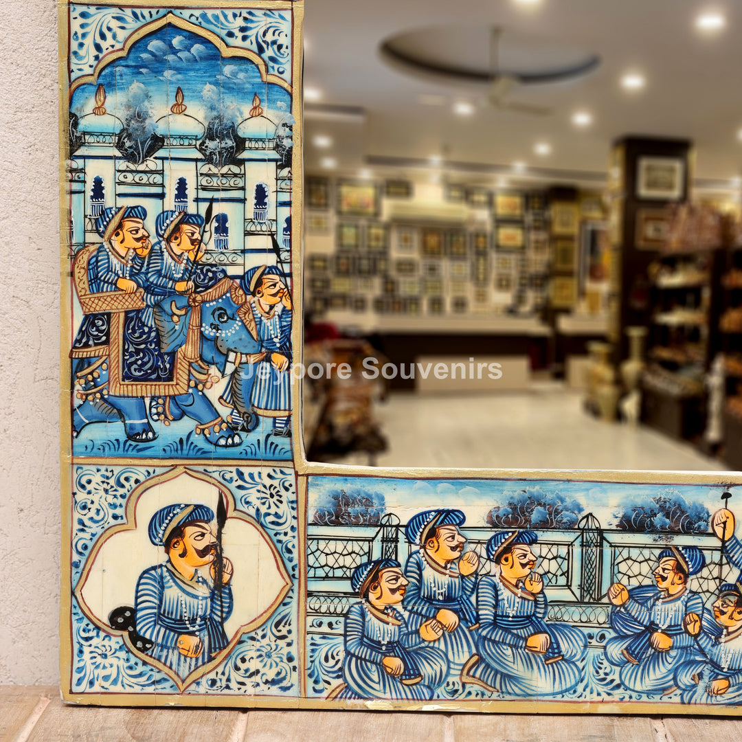 Blue Haveli Style Camel Bone Inlay Wall Mirror with Royal Procession Miniature Painting