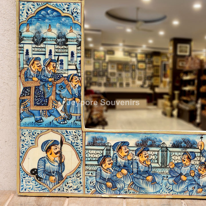Blue Haveli Style Camel Bone Inlay Wall Mirror with Royal Procession Miniature Painting