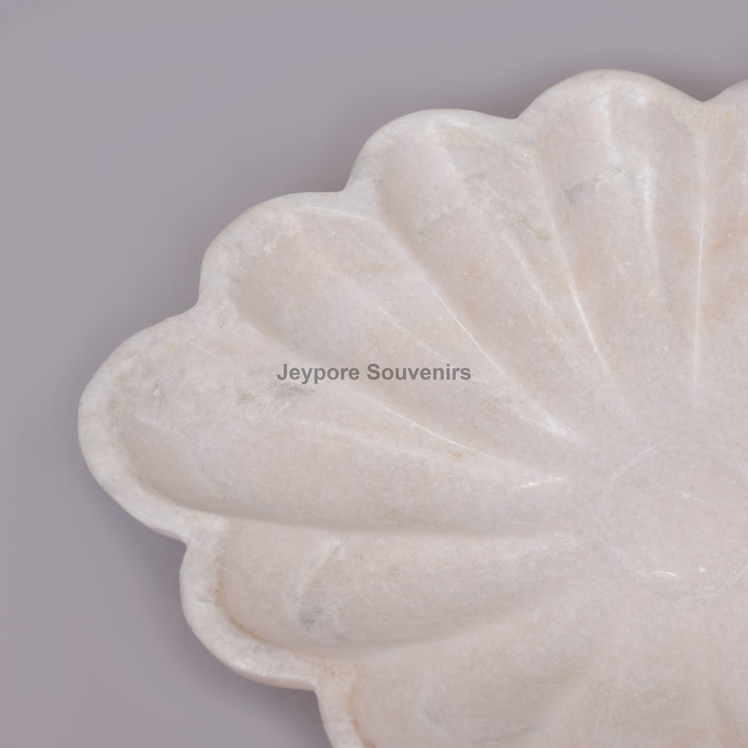 Hand-Carved White Marble Scalloped Flower Bowl
