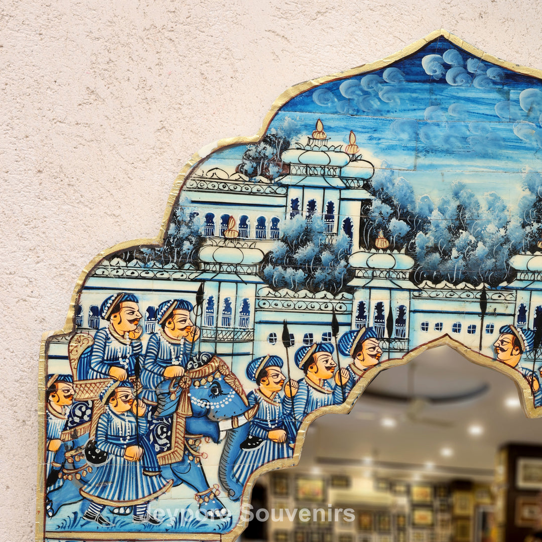 Blue Haveli Style Camel Bone Inlay Wall Mirror with Royal Procession Miniature Painting