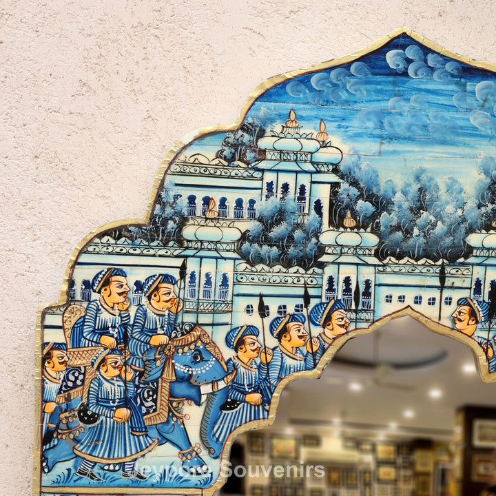 Blue Haveli Style Camel Bone Inlay Wall Mirror with Royal Procession Miniature Painting