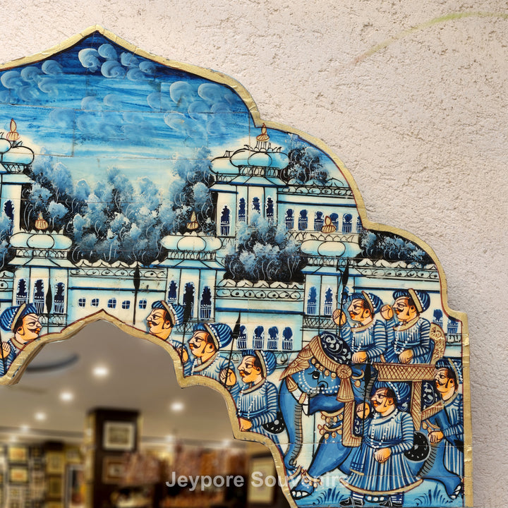 Blue Haveli Style Camel Bone Inlay Wall Mirror with Royal Procession Miniature Painting