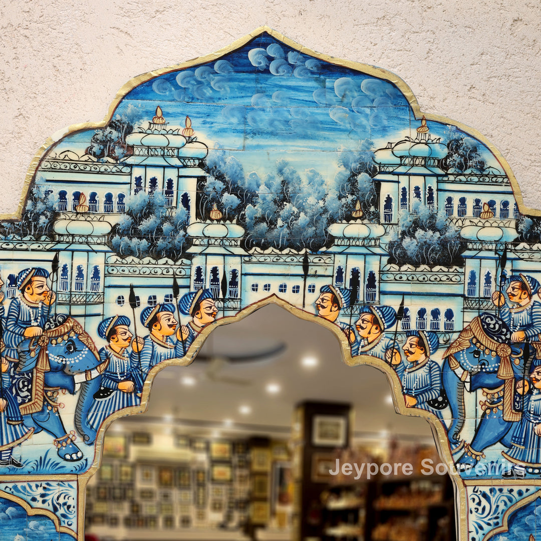 Blue Haveli Style Camel Bone Inlay Wall Mirror with Royal Procession Miniature Painting