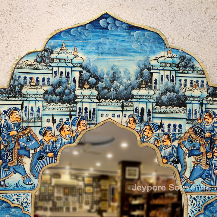 Blue Haveli Style Camel Bone Inlay Wall Mirror with Royal Procession Miniature Painting