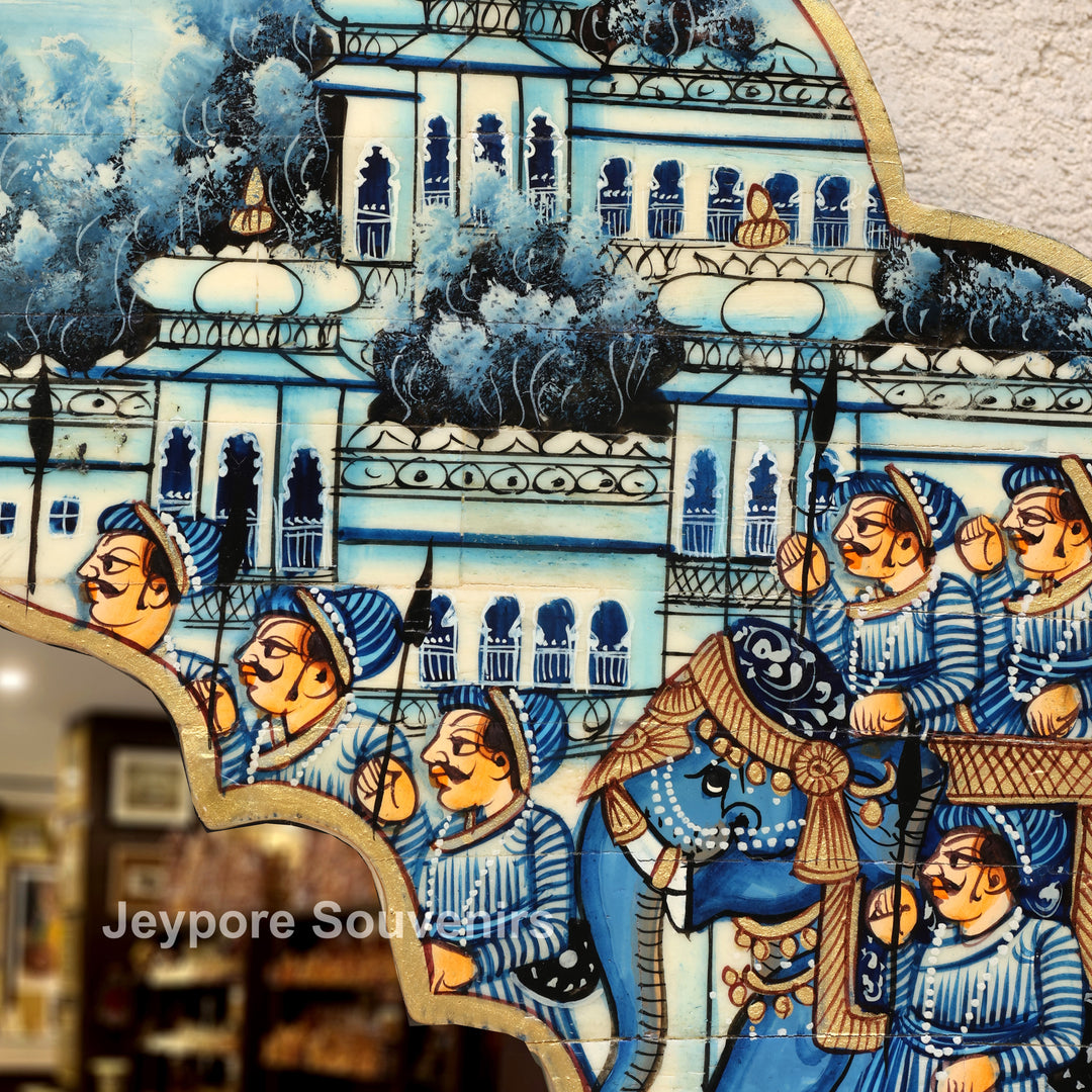 Blue Haveli Style Camel Bone Inlay Wall Mirror with Royal Procession Miniature Painting