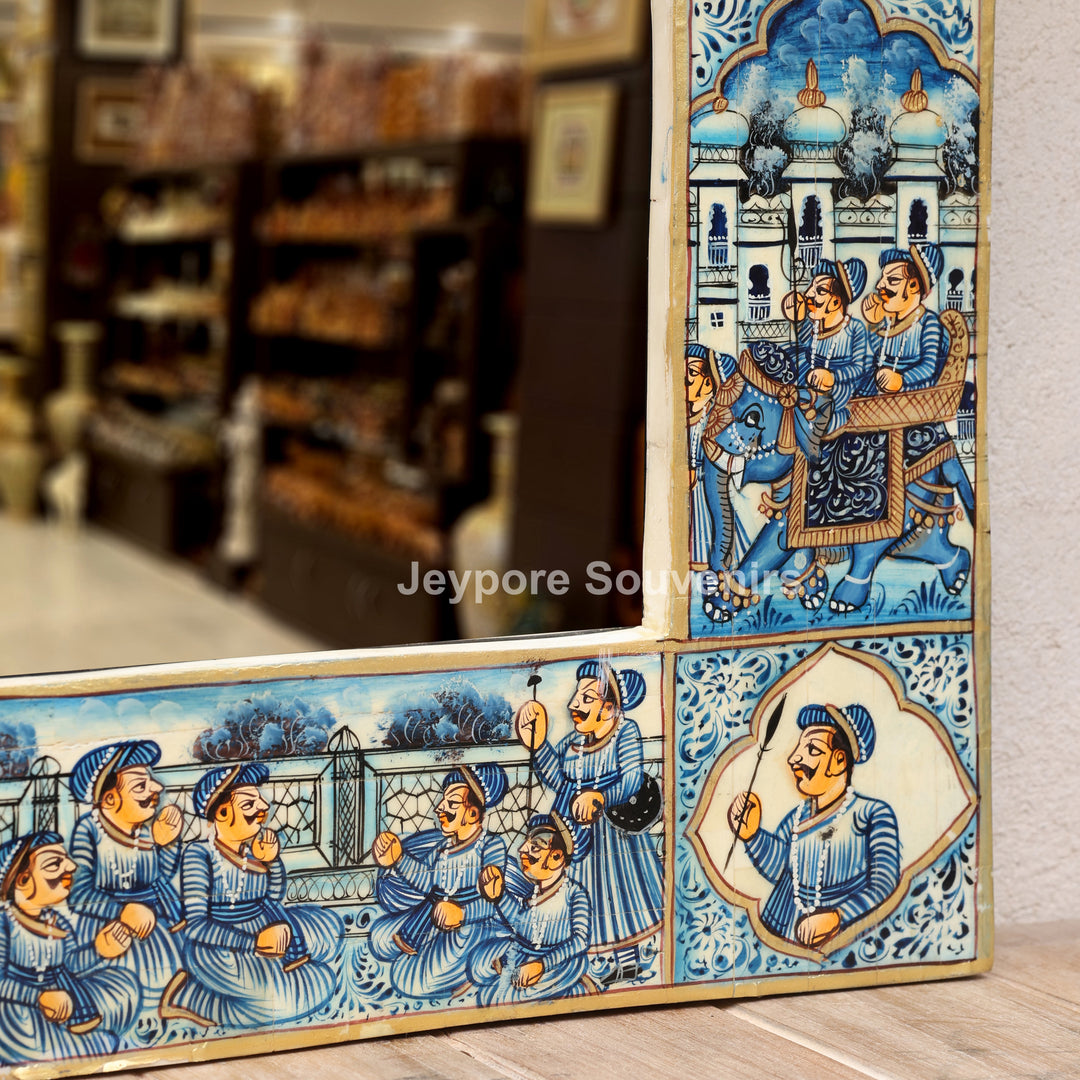 Blue Haveli Style Camel Bone Inlay Wall Mirror with Royal Procession Miniature Painting