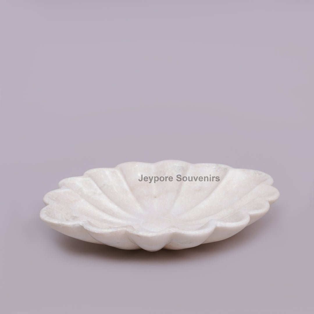 Hand-Carved White Marble Scalloped Flower Bowl