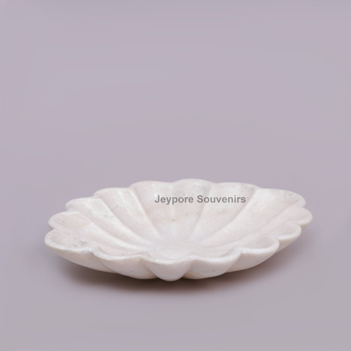 Hand-Carved White Marble Scalloped Flower Bowl