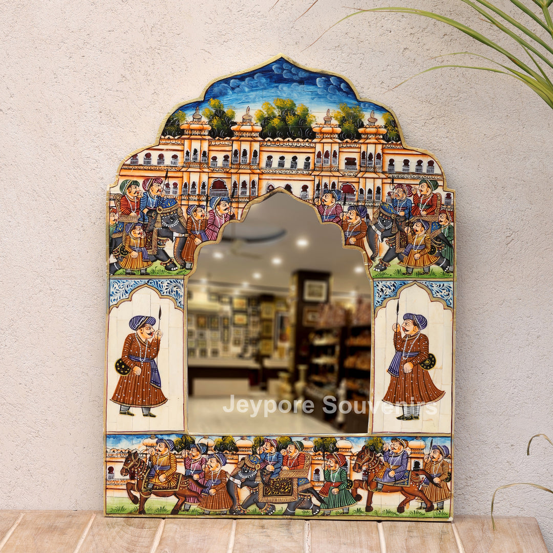 Royal Haveli Camel Bone Inlay Wall Mirror with Colorful Miniature Painting