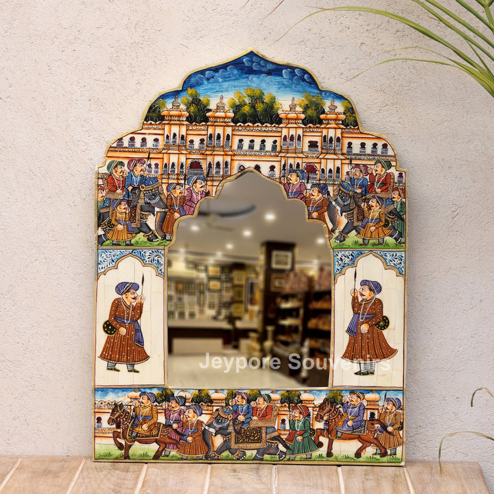 Royal Haveli Camel Bone Inlay Wall Mirror with Colorful Miniature Painting