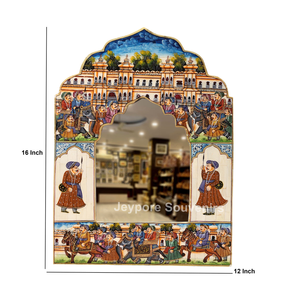 Royal Haveli Camel Bone Inlay Wall Mirror with Colorful Miniature Painting