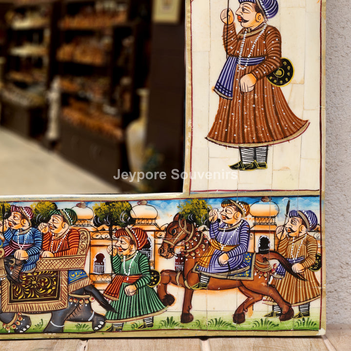 Royal Haveli Camel Bone Inlay Wall Mirror with Colorful Miniature Painting