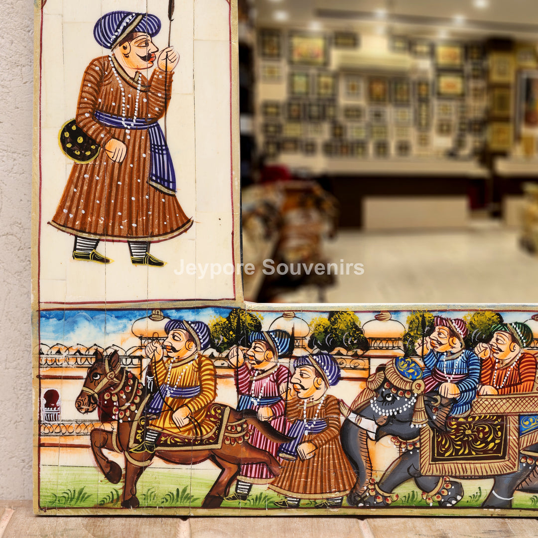 Royal Haveli Camel Bone Inlay Wall Mirror with Colorful Miniature Painting